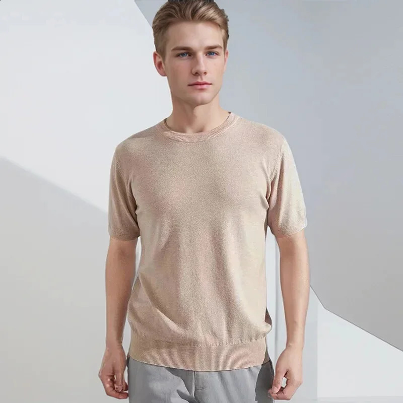 High Qualtity Oversized Cashmere Knitted Oneck Tshirt for Men Short Sleeve Tee Solid Color Trend Leisure Grey White Black Blue 250108
