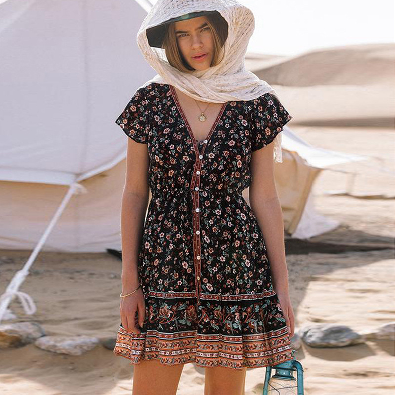 2025 Women's Autumn New Designer Bohemian Floral Dress V-neck Short Sleeve Single Breasted Beach Skirt
