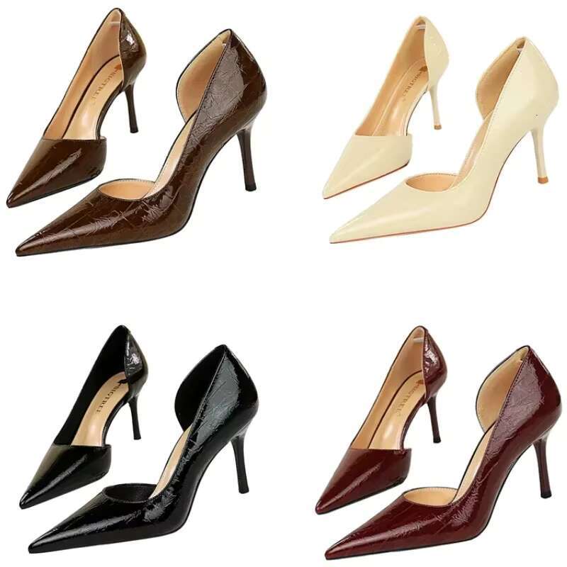 Women Vintage 8cm High Heels Patent Leather New Party Pumps Fashion Classic Pointed Toe Side Hollow Brown Evening Banquet Shoes