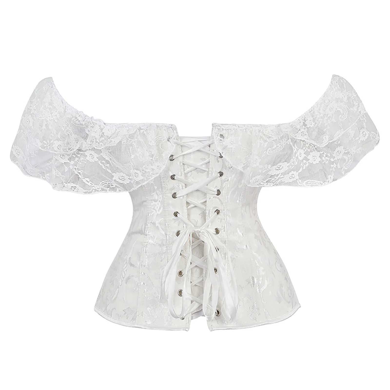 Combhasaki Womens Y2K Vintage Halloween Lace Patchwork Ruffled Short Sleeve Corset Bow Tied Button-down Shapewear Slim Fit Tops W250120