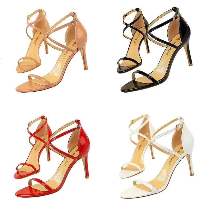 Summer Women Fetish 8cm 11cm High Beach Vacation Sandals Daily Cross Strap Mid Heels Lady Patent Leather Gladiators Shoes