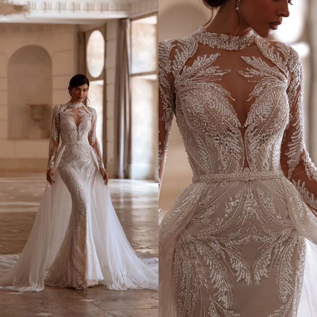 Gorgeous Mermaid Wedding Dresses For Women Jewel Neck Long Sleeves Gown Sequins Detachable Train Customized Dress