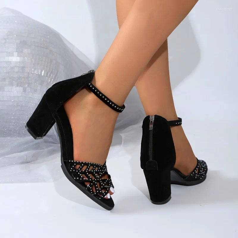 Sandals 2025 Style Women Summer High Heels Hollow Out Faux Leather Rhies Thick Heel Zipper Shoes Eur 35-42 zhanyishengli
