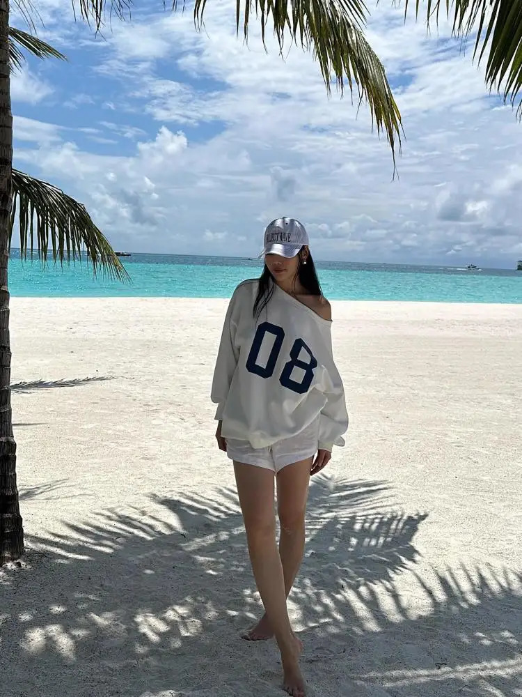 Tawaaiw American Retro Y2k Graphic Hoodie Long Sleeve Off Shoulder Korean Fashion Loose Harajuku Womens Sweatshirts Autumn Tops 250110