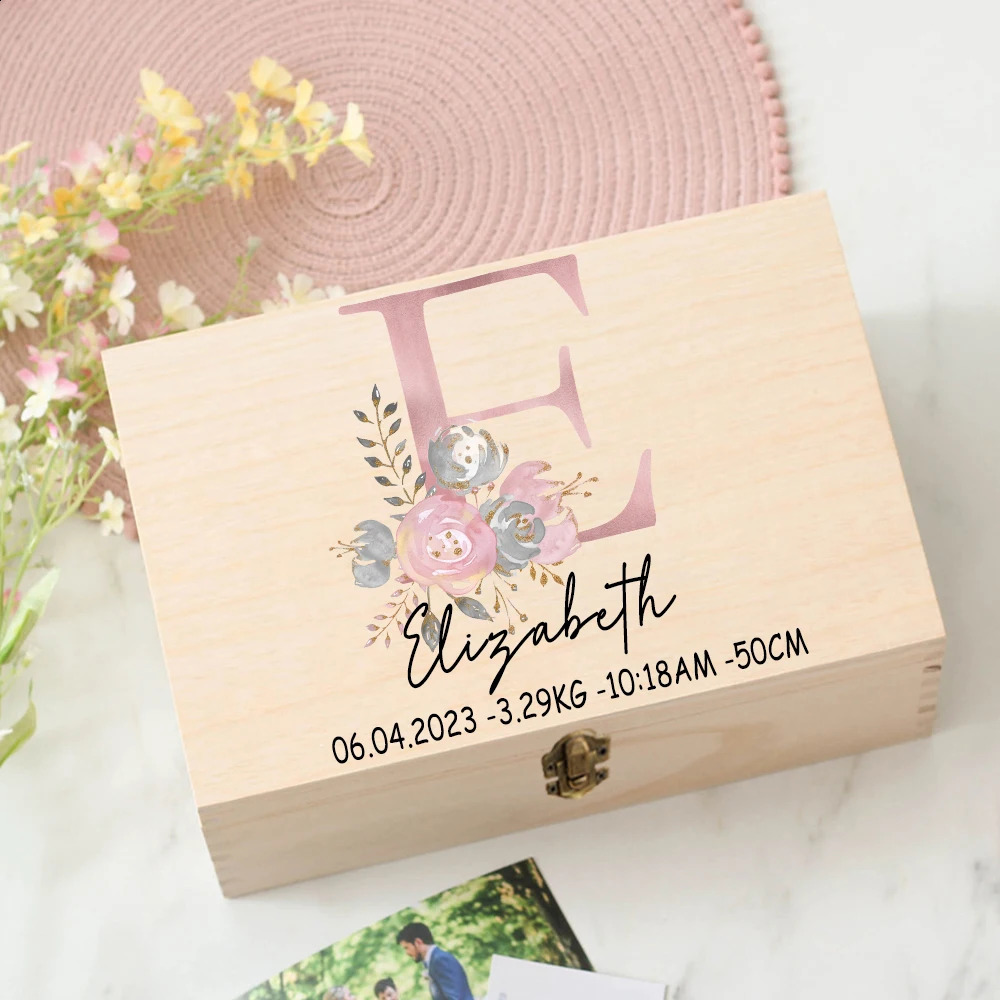 Personalized Baby Gift Keepsake Box Custom Memory Box Flower Letter Print Wooden Box born Shower Gift Baby Birth Stats Box 250120