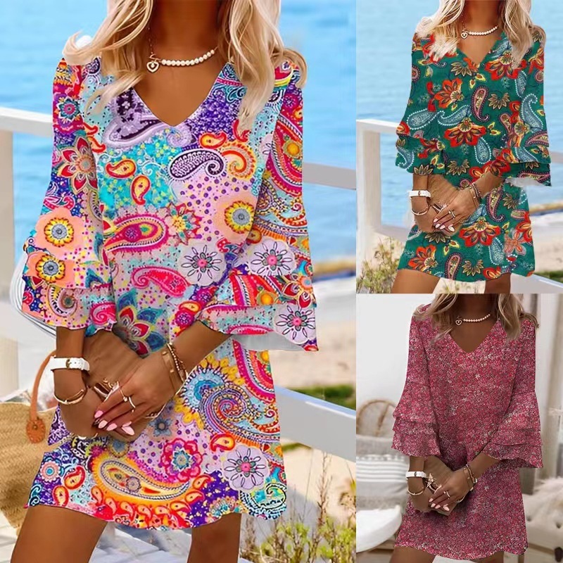 Summer 2025 New Designer Quarter Sleeve Ruffle V-neck Colorful Printed Dress For Women's Beach Skirt