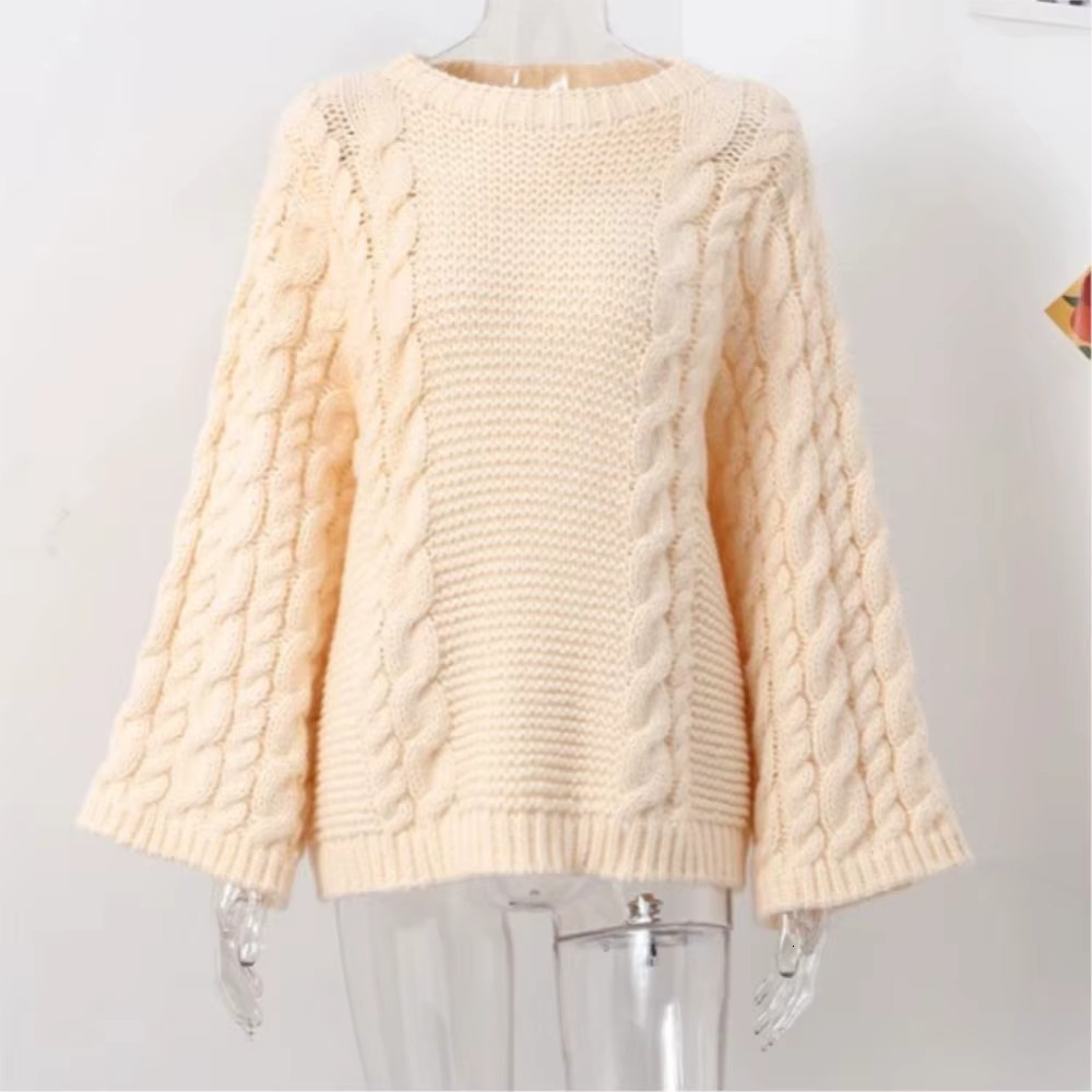 Women's Thick E Big Twist Knitted Loose Sweater Pullover Fashion Casual Crochet Round Neck Sweaters Solid Color New Knitwear