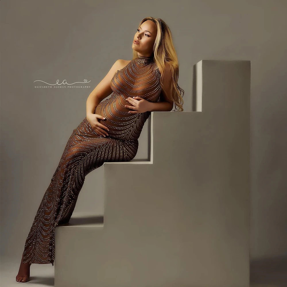 Sexy Shiny Drill Maternity Pography Props Goddess Dress Bodysuit Tulle Pregnancy Gown For Po Shoot Clothing 250114
