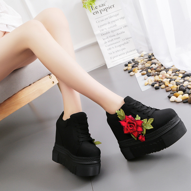classic Height Increasing 12cm for women casual shoes white black applique flower outdoor womens trainers sneakers