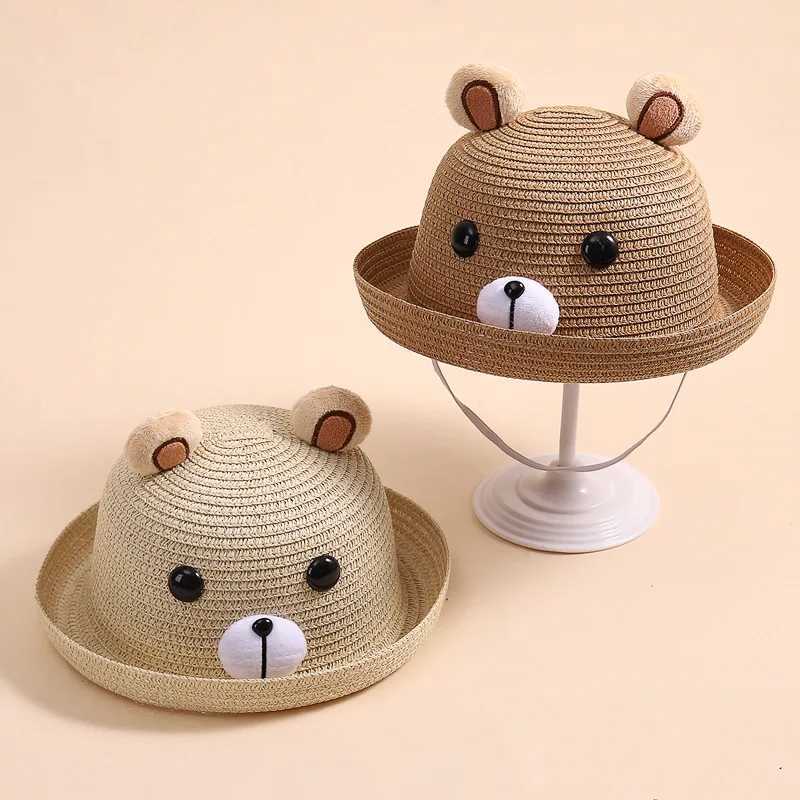 Summer New Boys and Girls Fun Breathable Straw Hat Cartoon Cute Bear Childrens Sunshine Hat 3-6 Year Old Fishermans Hat M250121
