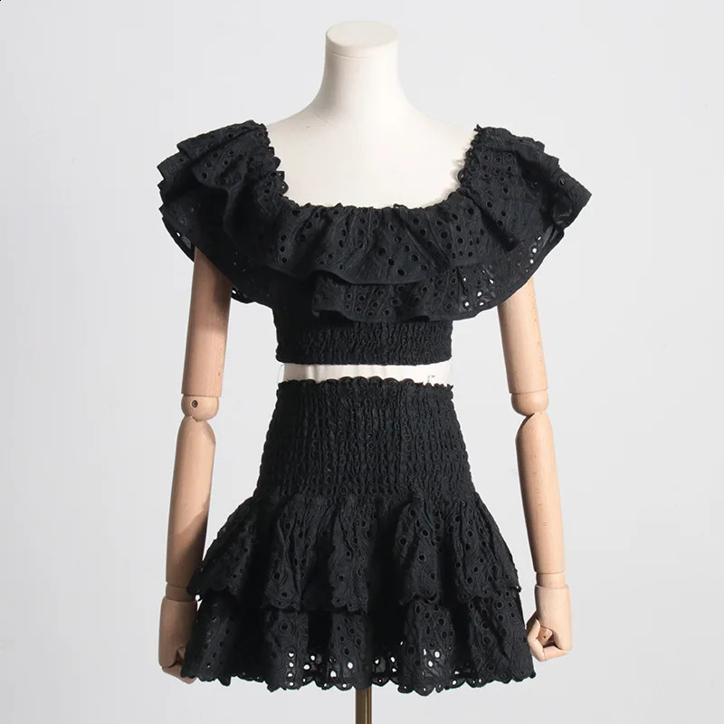 JAMERARY Floral Two Piece Women Dress Summer Cotton Embroidery Sexy Slash Neck Ruffles Short Skirts Suits Beach Crop Tops 250118