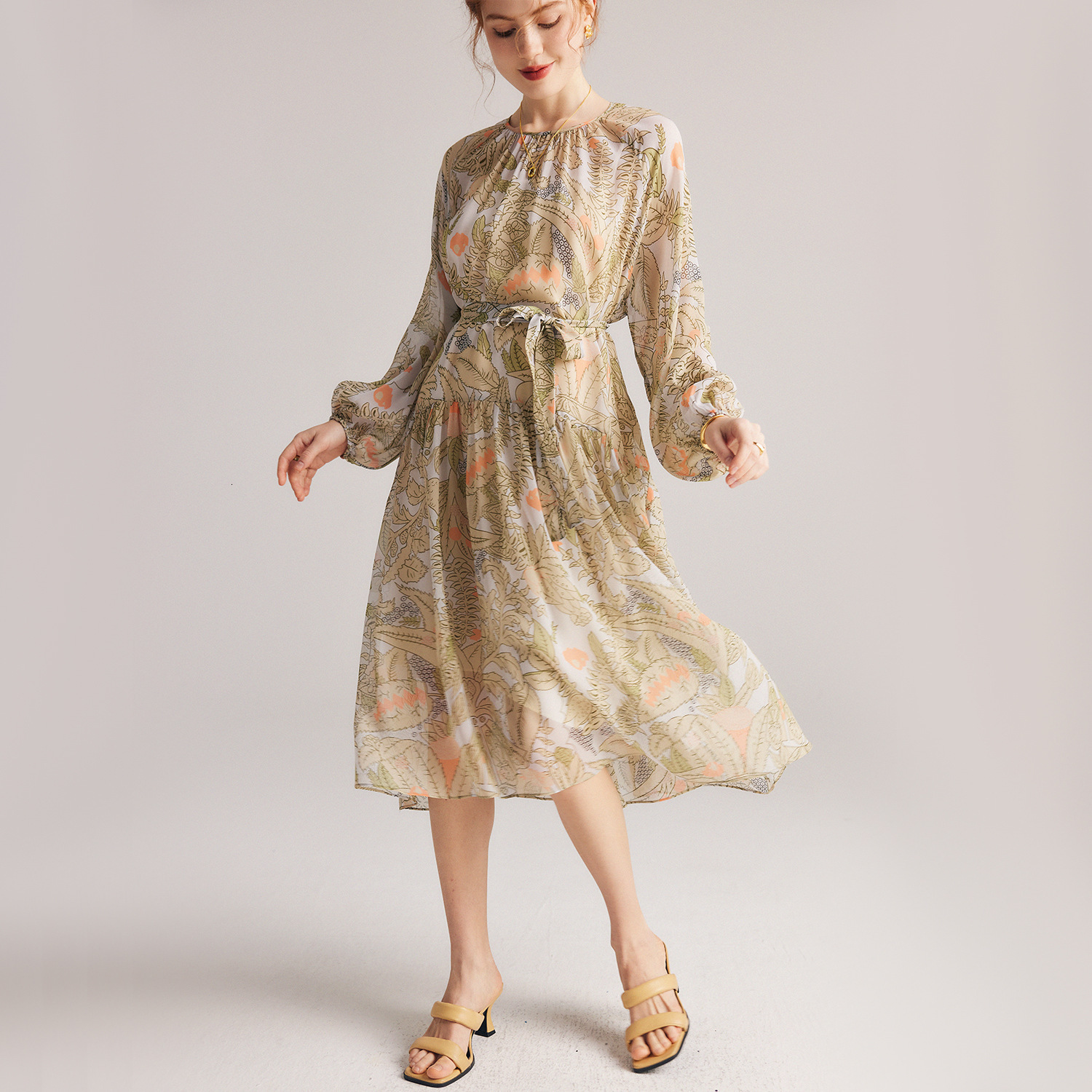 2025 Spring/summer Designer Long Sleeve New Beach Skirt With Clever Printed French Fairy Dress 100% Mulberry Silk Long Skirt