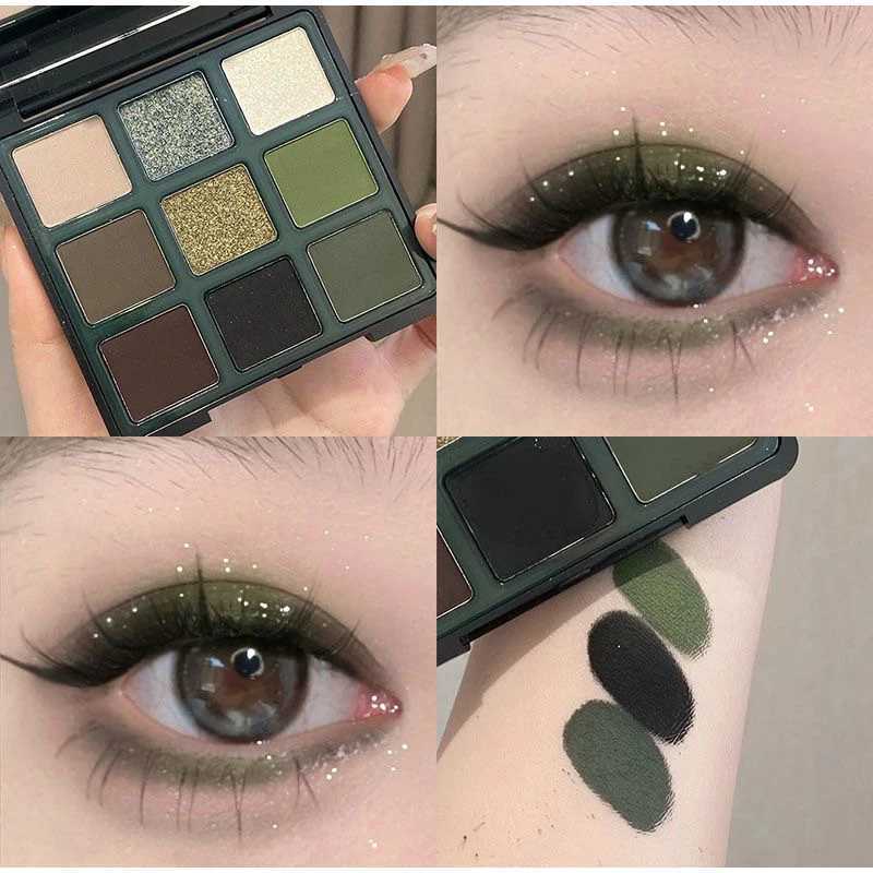 New Arrival Smoked Eye Design With Olive Green And Pearl Sequins 9 Color Band Mirror Eye Shadow Palette Olive Green Eye Shadow Palette New Z250121