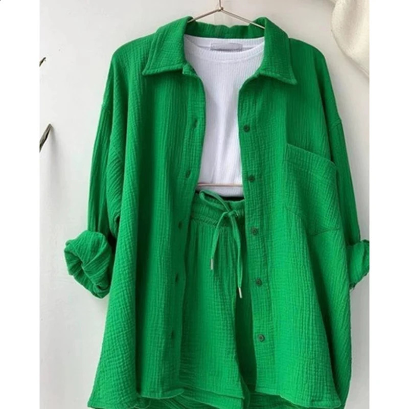Wrinkled Shirt And Blouses Woman Long Sleeve Pockets Top Lace-up Wide Leg Short Pants 2-Pieces Solid Casual Sets Office Lady 250107