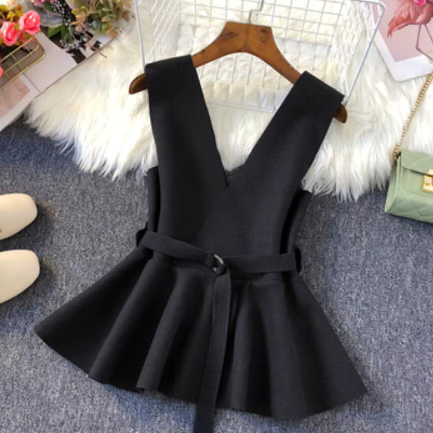 2020 Autumn Winter Sleeveless Coat V-Neck Slim Waist Belt Woolen Vest For Women Pullover Waistcoat Female Outerwear