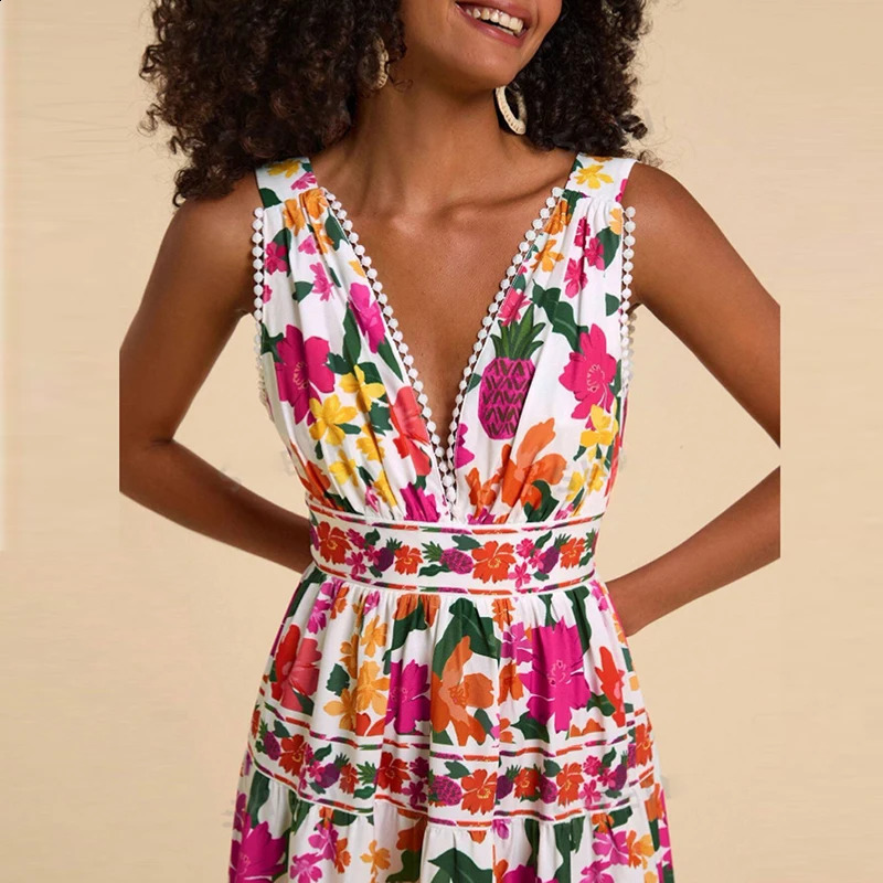 Casual Floral Print High Waist Womens Dress Sexy Deep V Hollow Out Sleeveless Beach Dress Fashion Backless Bohemian Long Dress 250118