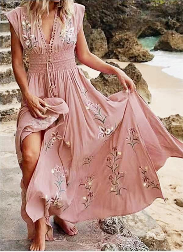 2025 Women's Summer New Designer V-neck French Beach Skirt Flower Bohemian Sexy Long Dress