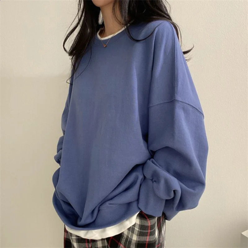 Korean Patchwork Long Sleeve Loose Hoodie Women Crewneck Simple Oversize Sweatshirt Woman Drop Shoulder Casual Sportswear Female 250110