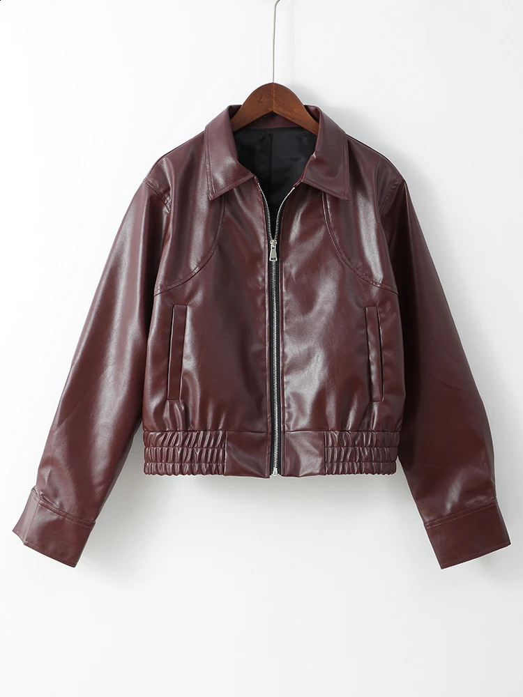 Women Fashion Solid Pu Leather Zipper Coat Retro Turn Down Collar Long Sleeve Outwear 2024 Autumn Female Chic Motorcycle Jackets 250107