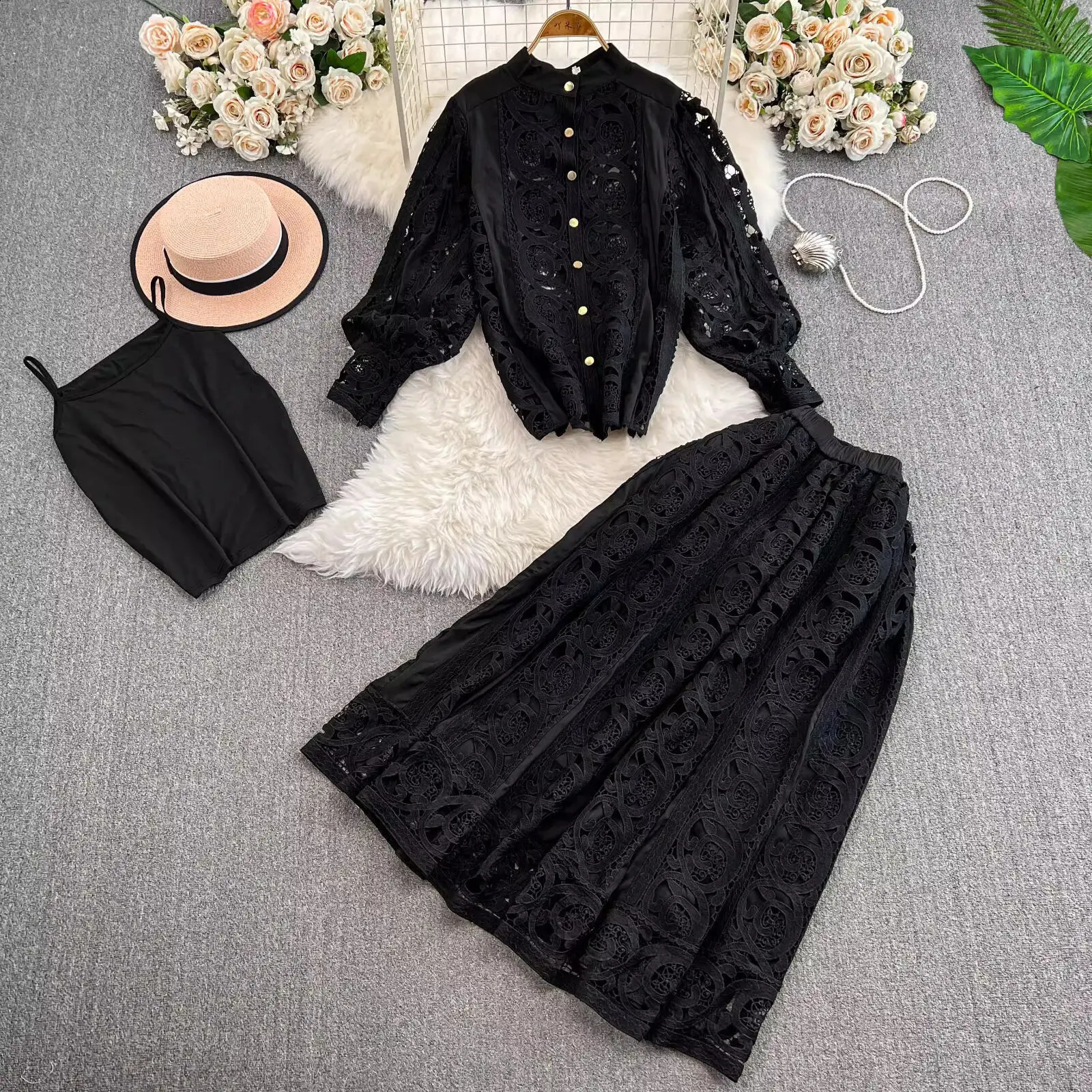 Autumn crochet white lace embroidery 3-piece set womens dress set hollow loose top elastic waist long skirt 250110