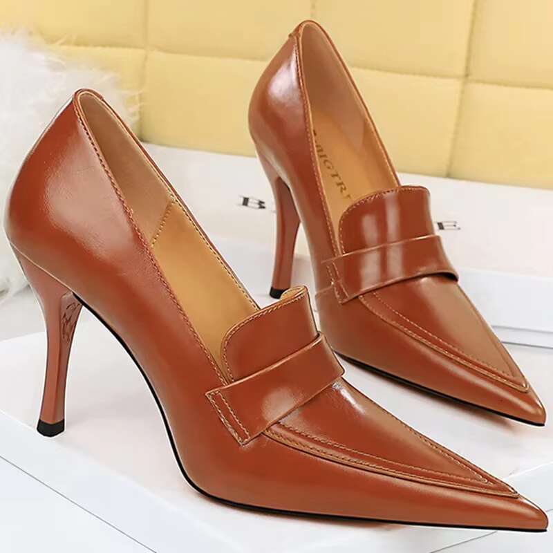 Women 10cm Pumps Retro Simplicity Pu Leather Super High Stiletto Heels Lady Brown Office Shoes Small Size 34-40