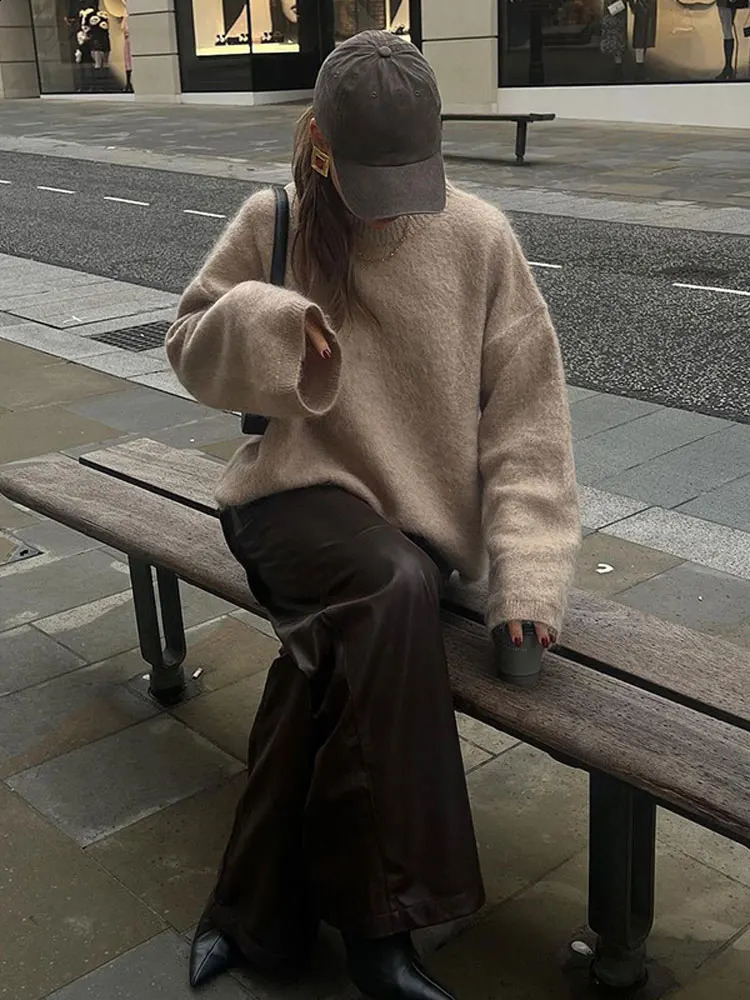 Soft Solid Mohair Knitted Pullover For Women Casual Loose O-neck Long Sleeve Sweater Autumn Female High Street Knitwear 250117