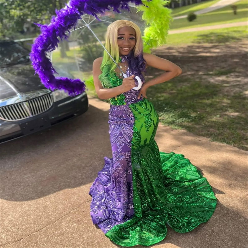 Unique Purple And Green Sequin Evening Dress Sparkly Mermaid Black Girls Prom Dress 2025 Luxury Birthday Dress For Special Occasion Formal Dance Vesti