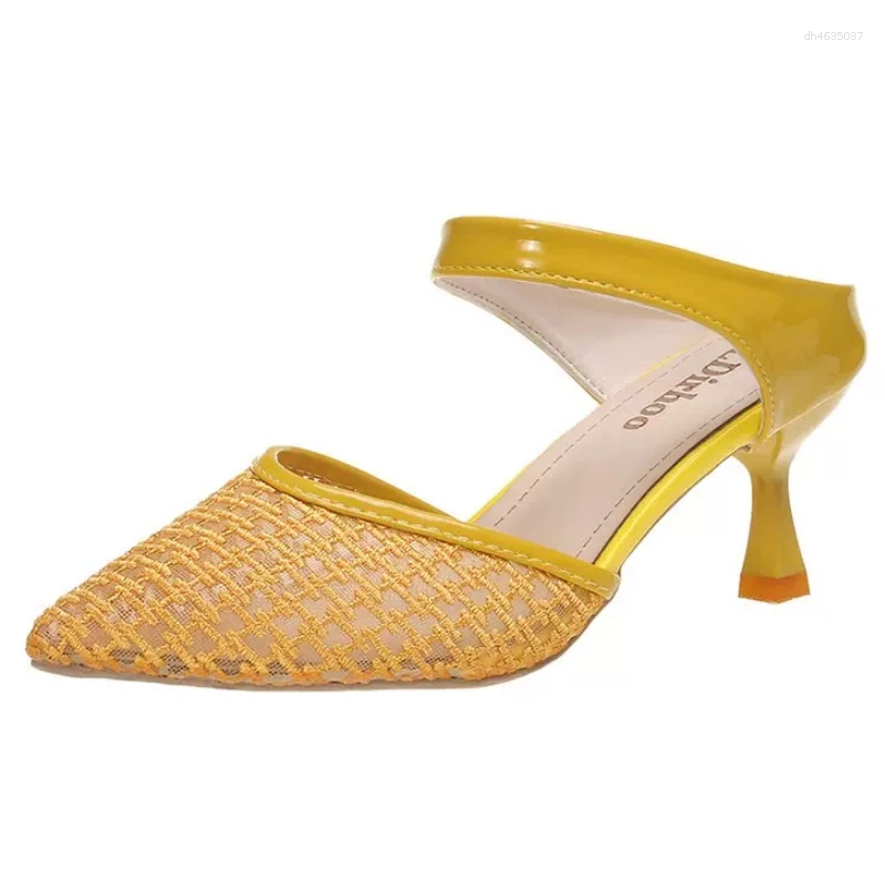Dress Shoes 2025 Summer With Mesh Hollow Bun Head Fashion All-match High-heeled Slippers zhanyishengli