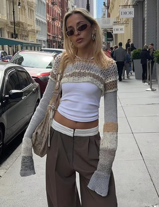 Women Knitted Crochet Sweaters Crop Tops Y2k Long Sleeve Patchwork Shrug Sweater Short Knitwear Covers Up Tee Streetwear
