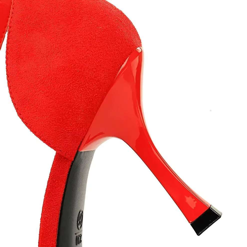 Women 8cm High Concise Prom Bury Bla Red Sandals Daily Summer Sandles Lady Suede Mid Heels Ankle Strap Club Shoes