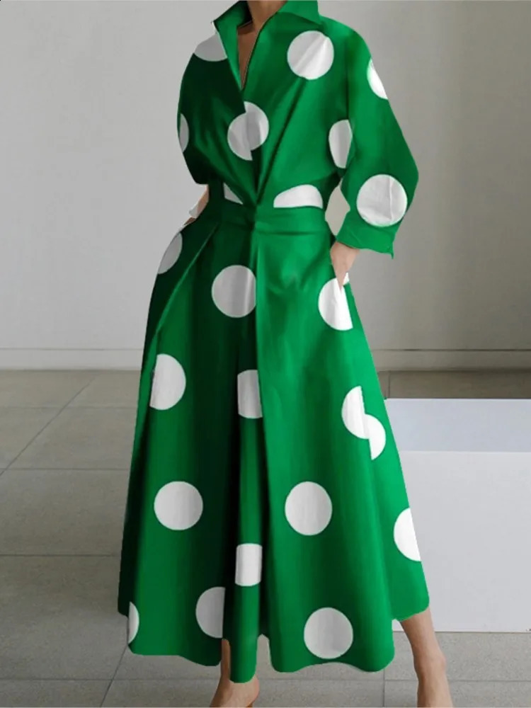 Autumn Dress Long Sleeve Dot Print Elegant Maxi Dresses For Women 2024 White Casual V Neck Shirt Party Robe Femme 250110