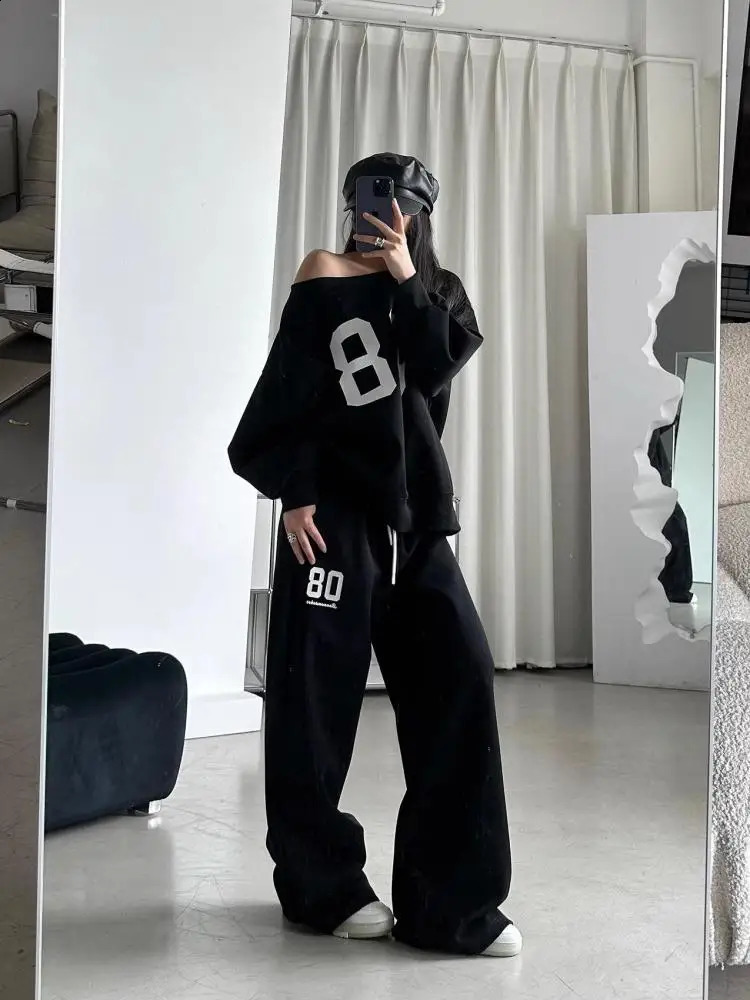 Tawaaiw American Retro Y2k Graphic Hoodie Long Sleeve Off Shoulder Korean Fashion Loose Harajuku Womens Sweatshirts Autumn Tops 250110