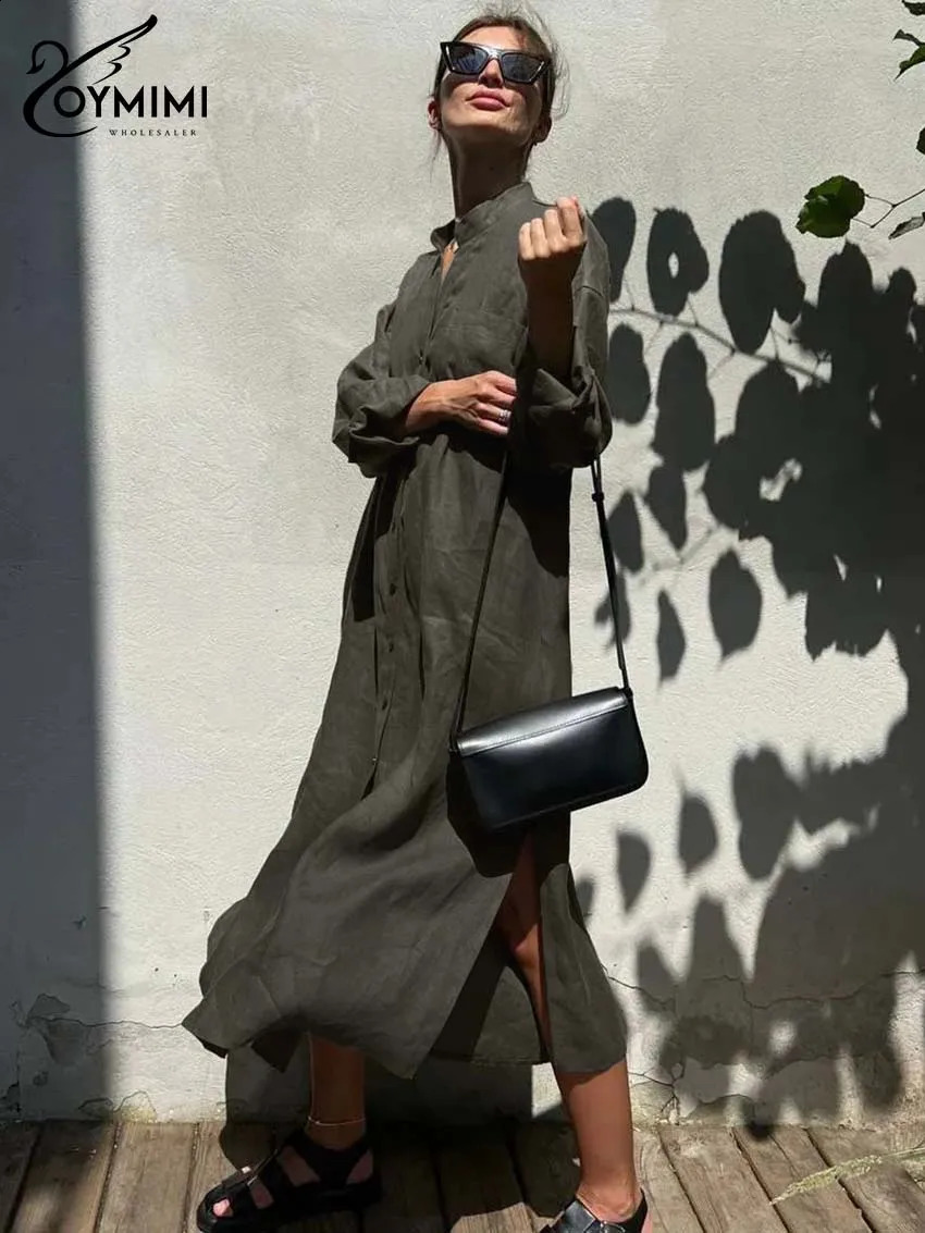 Oymimi Fashion White Cotton Womens Dresses Elegant Long Sleeve Single Breasted Dresses Casual Pockets Side Slit Mid-Calf Dress 250122