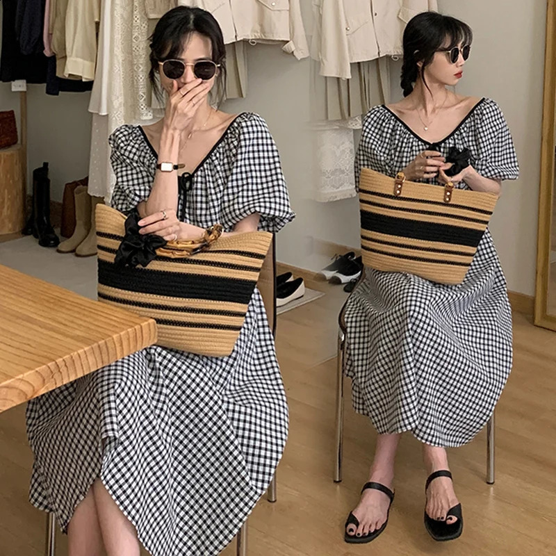 Plus Size Maternity Plaid Dress for Summer Puff Sleeve Oneck Long Loose Pregnant Womens Preppy Style Casual Lady Clothes 250114