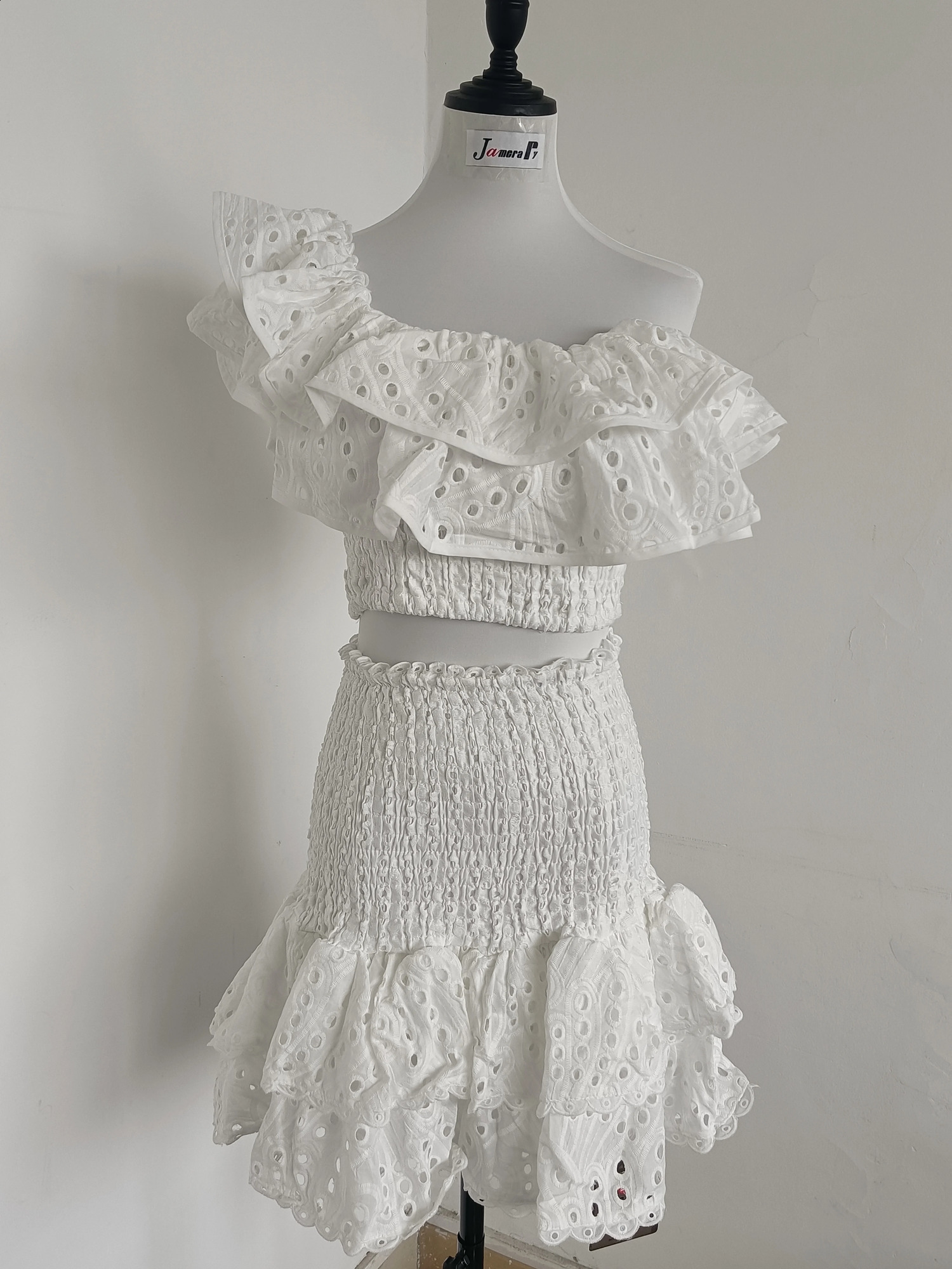 JAMERARY Floral Two Piece Women Dress Summer Cotton Embroidery Sexy Slash Neck Ruffles Short Skirts Suits Beach Crop Tops 250118