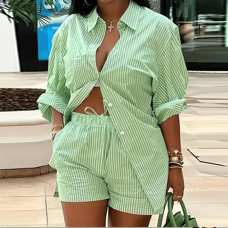 Sexy Turn-down Collar Button Blouse Shorts Women Outfit Spring Striped Print Two-piece Suit Retro Long Sleeve Office Sets 250113