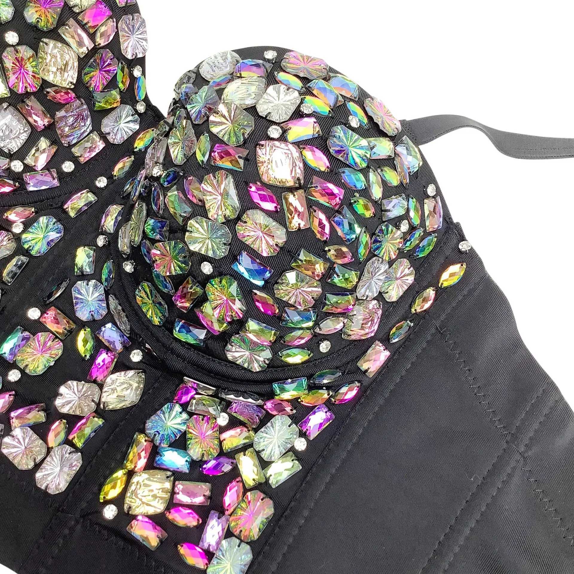 Heavy Beadings Lady Corset Rhinestones Charming Bustier Colorful Acrylic Stone Nightclub Party Sexy Female Camis Women Crop Tops W250120