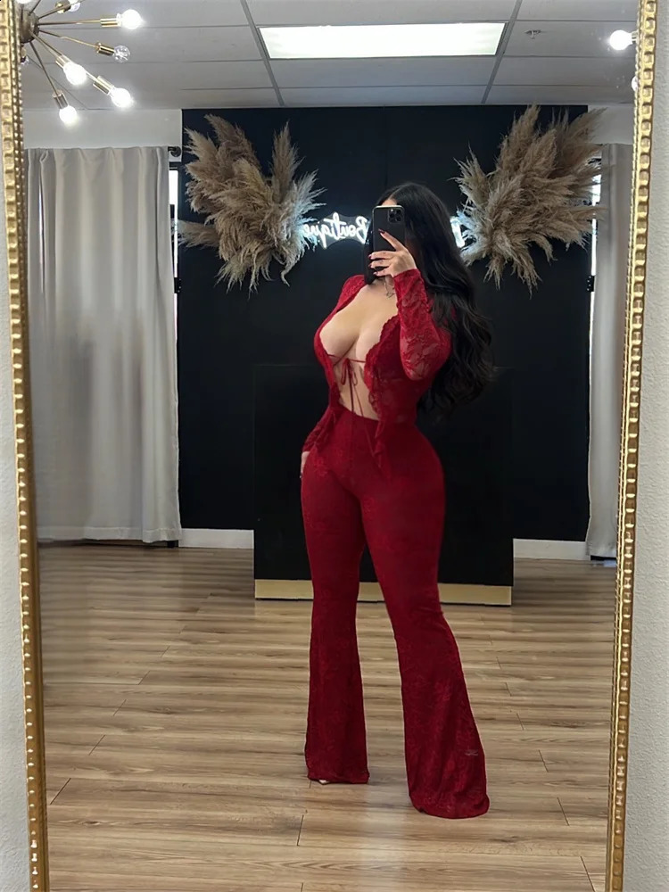 Nwe Spring Fall Lace Womens Sets Long Sleeve Sexy Bandage Top and Flared Pants 2025 Loose Red Clubwear Two 2 Piece Set Outfits 250120
