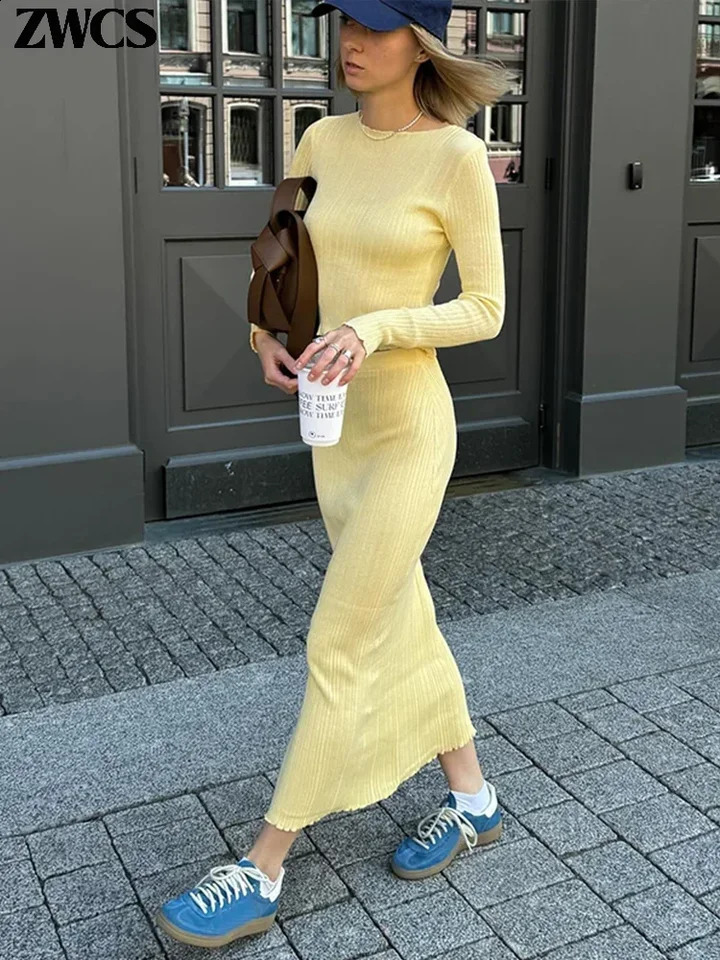 Casual Knit Pullovers Skirts Set Women Slim O-neck Long Sleeve Top Elastic Hip Package Skirt 2024 Autumn Lady Elegant Outfit 250113