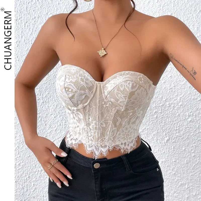 CHUANGERM Sexy Lace Sleeveless Bare Shoulder Crop Top Corset Embroidery Floral Tube Top Strapless Fishbone Backless Camisole W250120