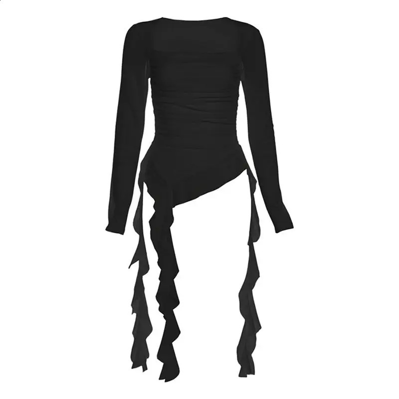 Spicy Fairy StyleLotus Leaf Edge Square Neck Thin Long Sleeve White T-shirt Women Tops Mesh Sexy Irregular Slimming y2k Top 250122