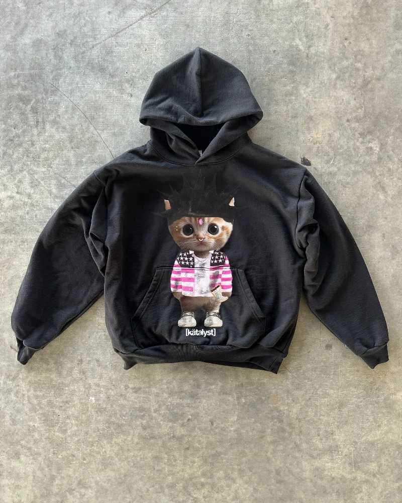 American Fashion Casual Mens Hoodie Y2K Harajuku Retro Cartoon Cat Print Street Gothic Trendy Loose Couple Sweater Womens W250117