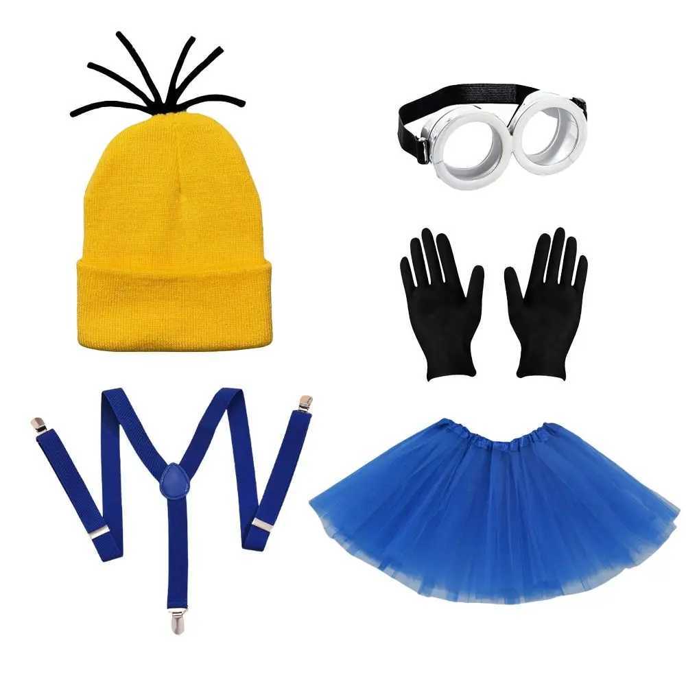 3pcs/5pcs Halloween Costume Accessories Minions Cosplay Party Set Yellow Beanie Hats Blue Dress Women Men Black Gloves for Adult W250117