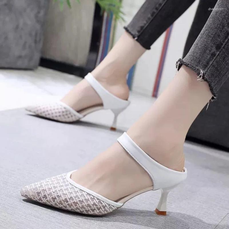 Dress Shoes 2025 Summer With Mesh Hollow Bun Head Fashion All-match High-heeled Slippers zhanyishengli