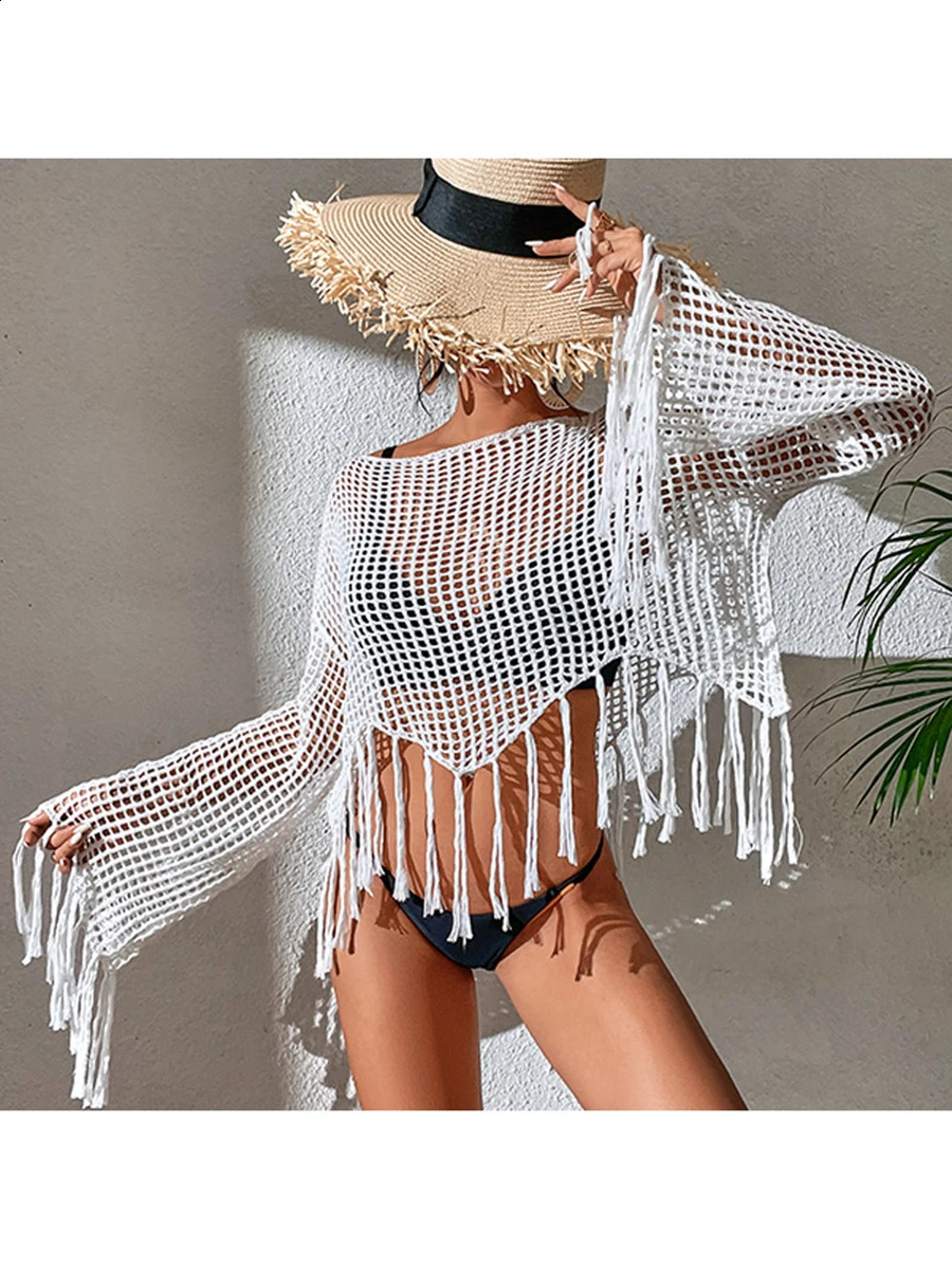 Womens Stylish Beach CoverUp Boho Chic Crochet Long Sleeve Tassel Tunic with CutOut Details 250122