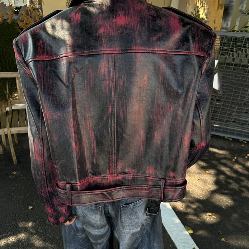 PFNW Ankra Red Brushed Color n Short PU Leather Jacket Autumn Fashion Lapel Zipper Mens Coat Loose Fit Tops 12C1299 250109