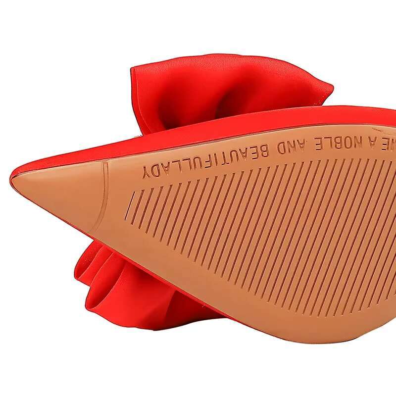 Women 10.5cm High Heels Sexy Rhie Bow Bla Red Pointed Toe Party Pumps Lady Silk Satin Escarpins Wedding Evening Shoes