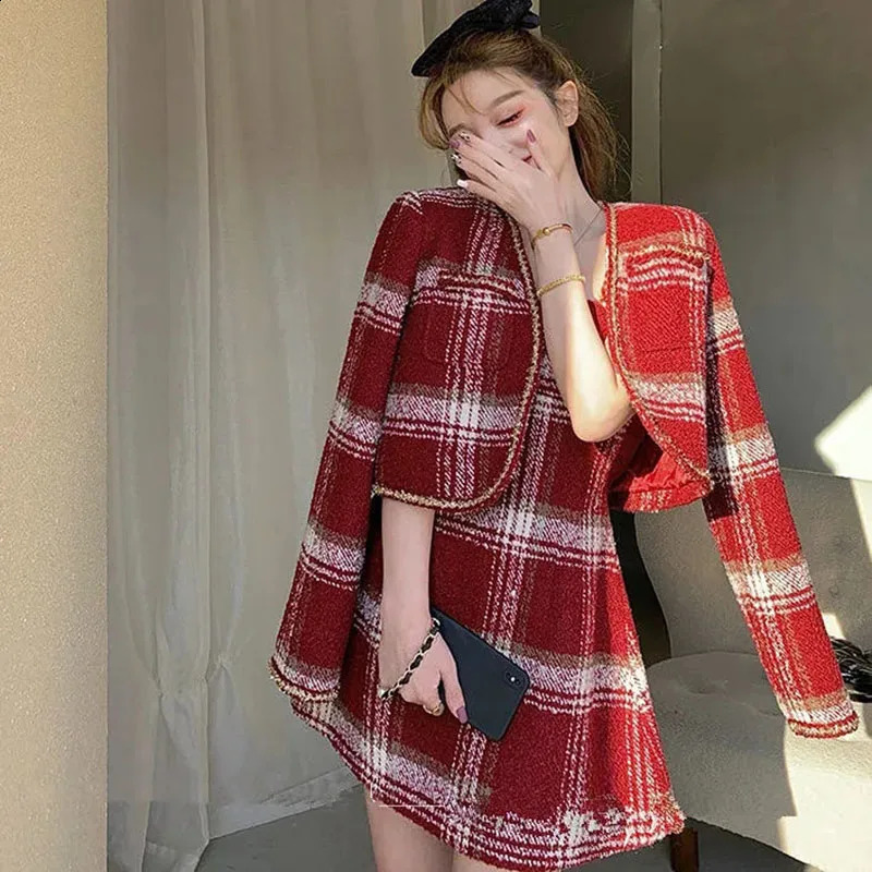 Woolen Harajuku Y2k Plaid Short Blazer Christmas Clothes Women Winter A-line Dress Sets Korean Fashion Suits 2-piece Set Female 250113