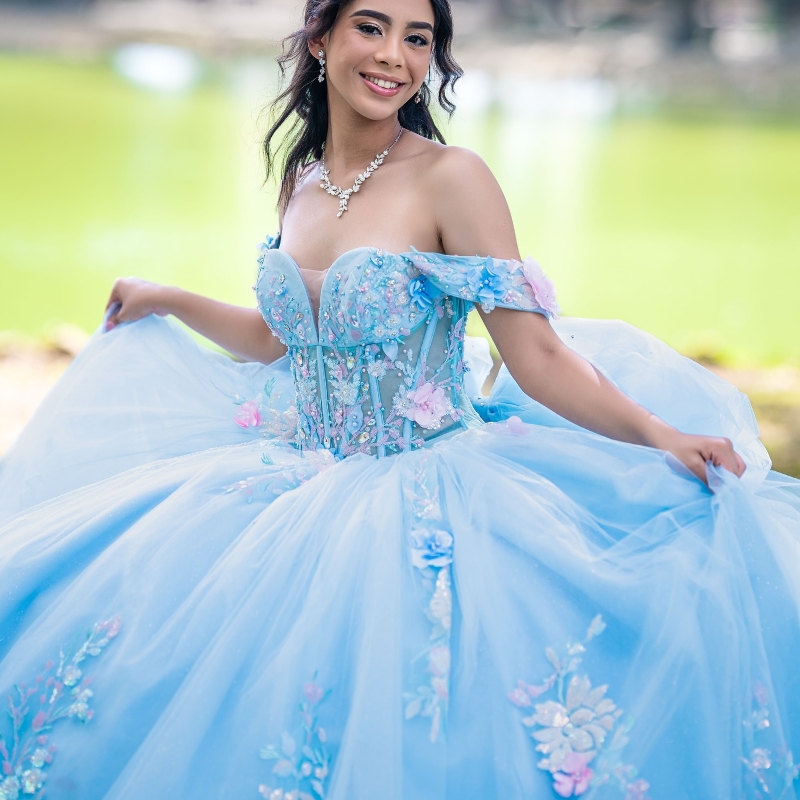 Sky Blue Quinceanera Dresses Ball Gown Off Shoulder Appliques Lace Beads Tull Corset Birthday Party Sweet 16 Dress Vestidos 15 anos