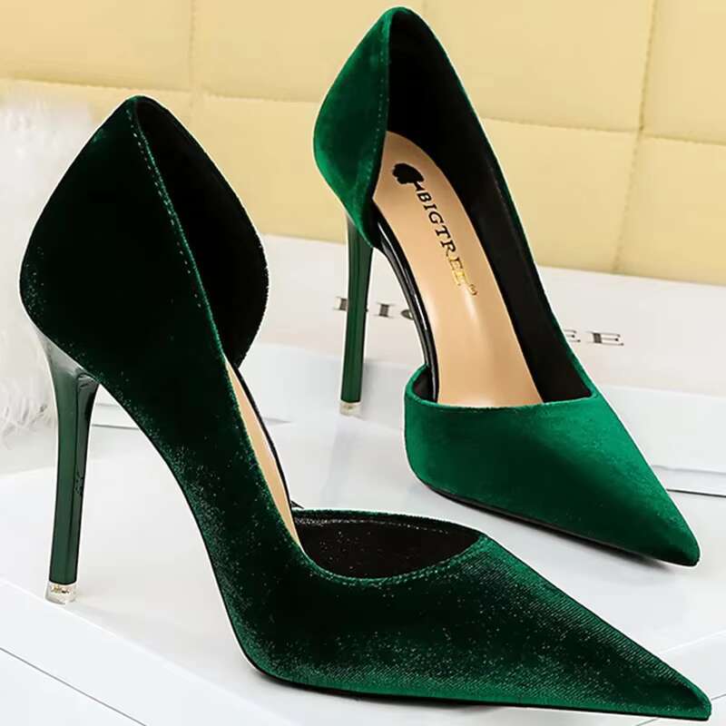 Large Size 43 Women 10.5cm High Veet Pumps Lady Shallow Pointed Toe Elegant Thin Heels Side Hollow Green Purple Shoes